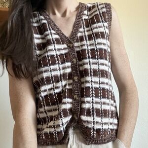 VTG Plaid V Neck Knit Brown Academia Retro Button Front Sweater Vest Medium